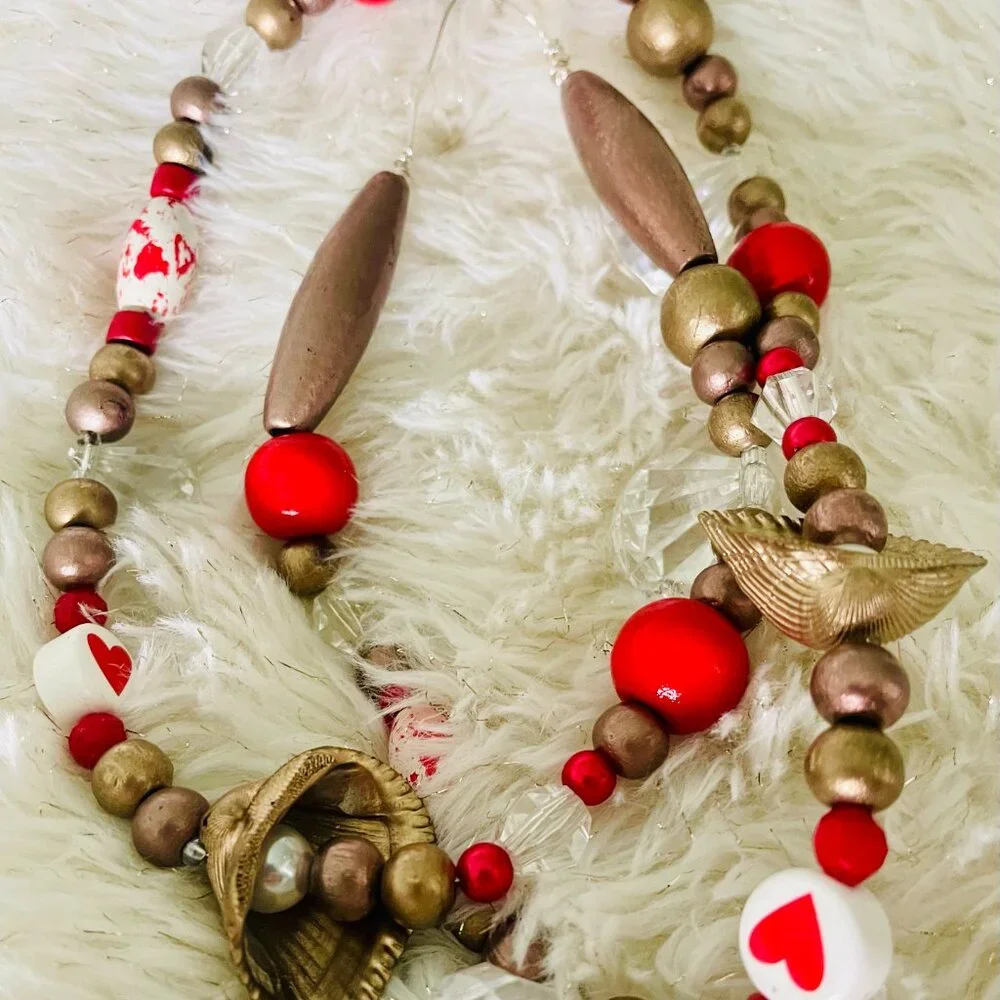Hand Painted Beaded Valentine Garland- Red Hearts & Gold Seashells #3912